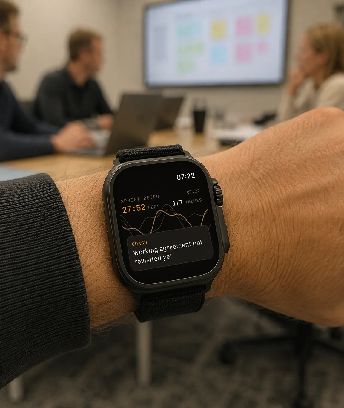 Concept visual of the Convene Apple Watch prototype in a meeting: session timer, themes covered, and a private coach nudge on the wrist